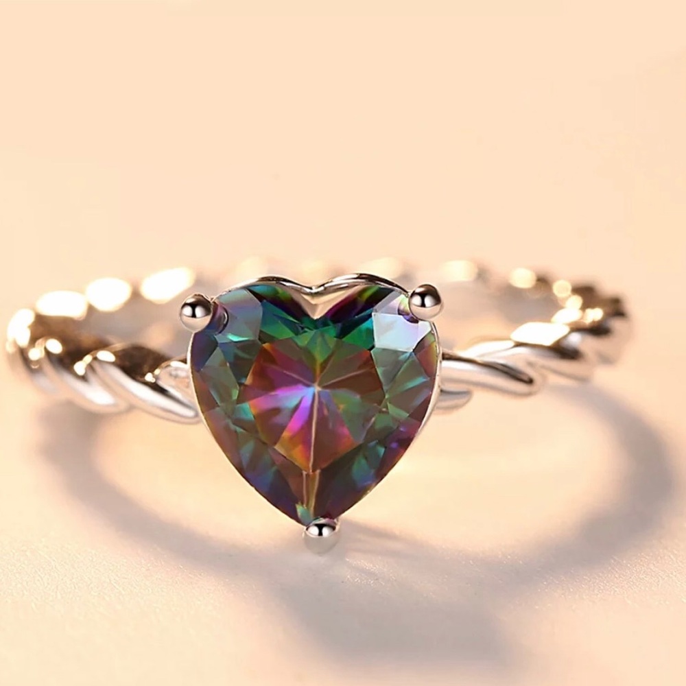 Mystic Topaz Heart .925 Silver Solitaire Ring - Picture 8 of 9